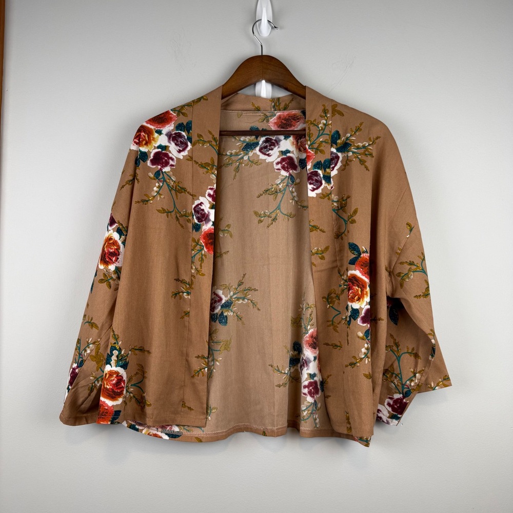 Cottagecore Floral Boho Kimono OS Tan Cropped Layering Romantic Open Front Light
